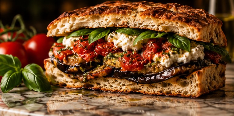A’ Vittoria — olive oil roasted eggplant, sun-dried tomato pesto, ricotta salata and basil on schiacciata