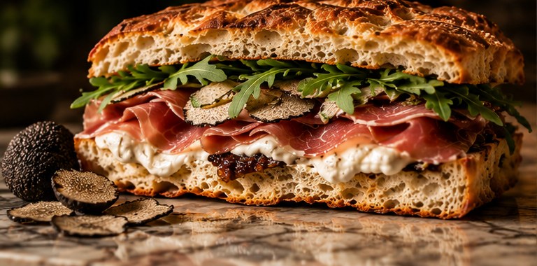 Franco — Italian porchetta, truffle cream, shaved Pecorino Toscano and arugula on schiacciata