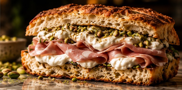Santa Croce — pistachio mortadella, stracciatella and pistachio spread on schiacciata